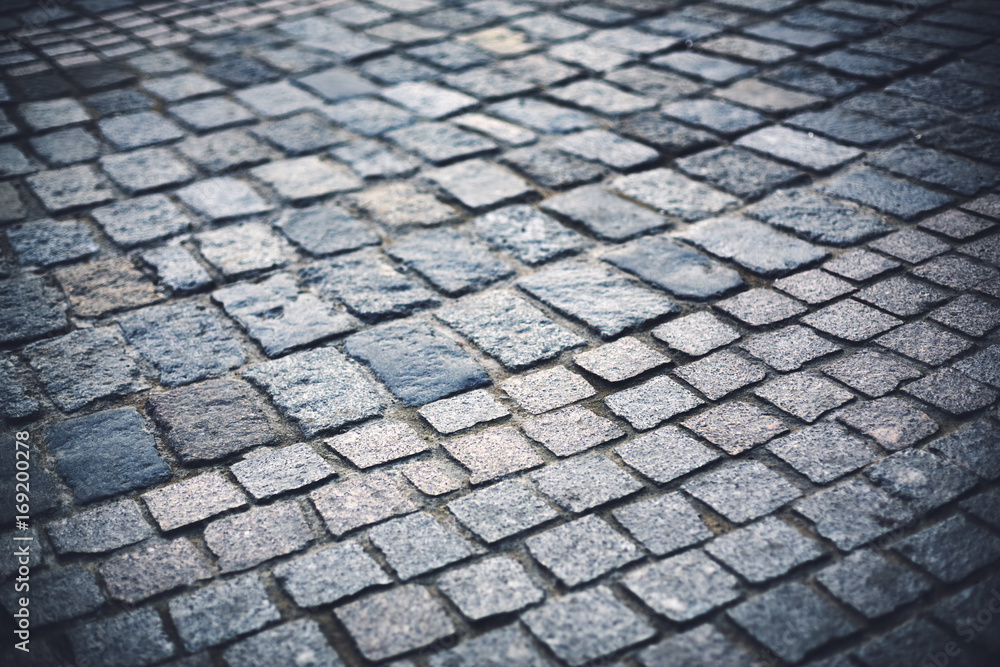 Perspective view of vintage cobblestone pavement