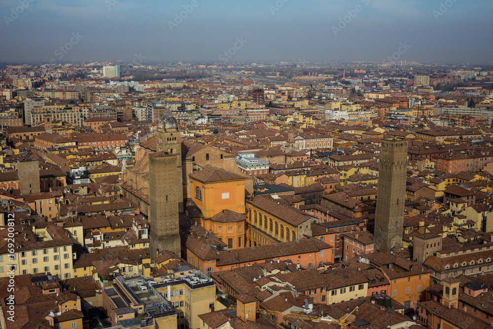 Bologna city panorama with landmark towers, Italy