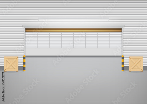 Roller door or roller shutter. Also called security door or security shutter. For protect residential, commercial and industrial building i.e. house, factory, warehouse, hangar. Vector illustration.