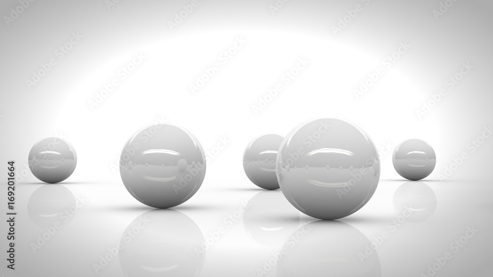five white reflective spheres blending into a bright white environment five white reflective spheres blending into a bright white environment