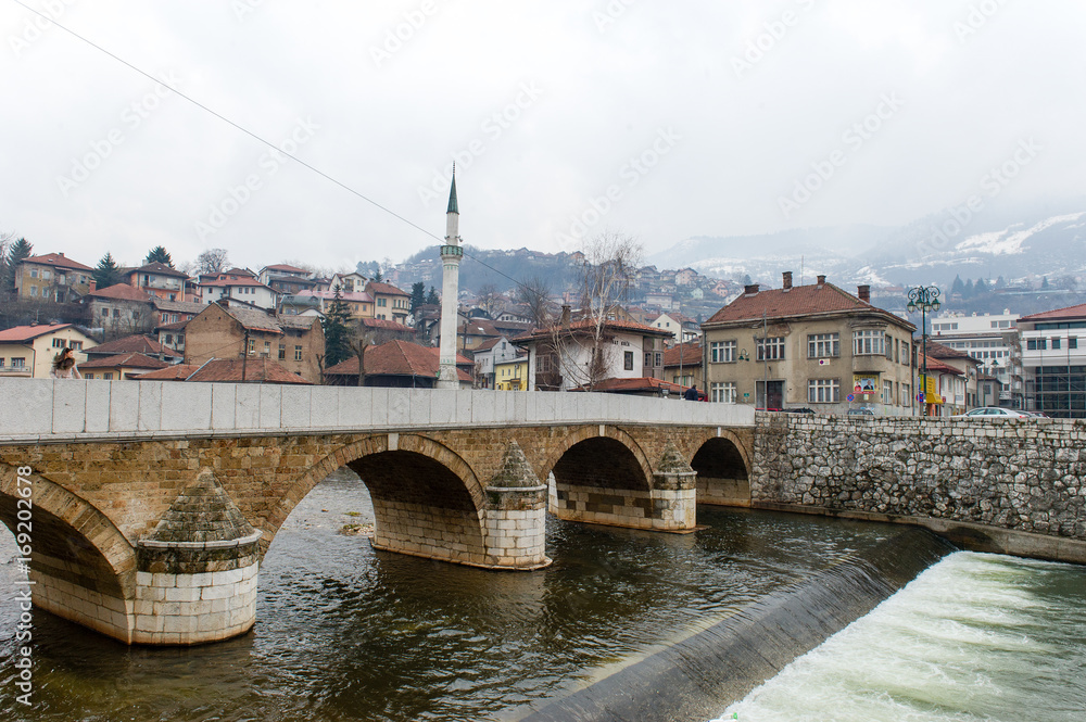 bridge on river at sarajevo city of bosnia and herzigovina