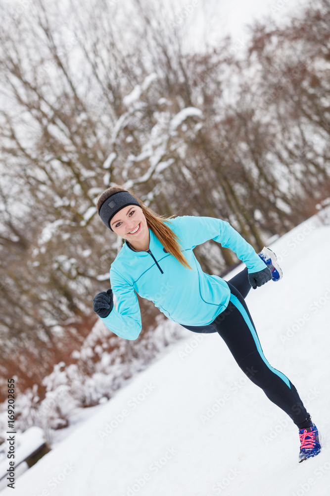 Winter sport, girl exercising in park