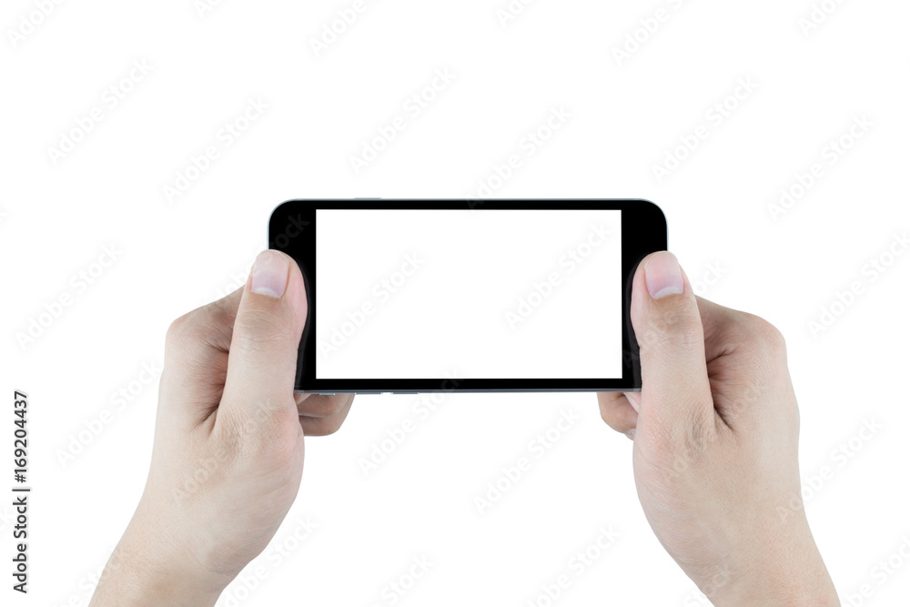 Two hands are holding black smartphone, isolated on white background. Clipping path embedded. Two hands are holding black smartphone, isolated on white background. Clipping path embedded.