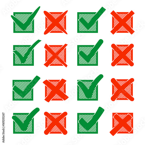 Red cross X and green hook V, in hatching check box. Yes No icons for highlight selection. Vector set
