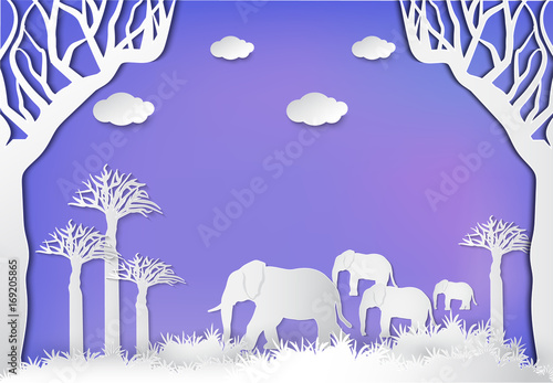 Elephants family in meadow. Nature landscape background  paper art style illustration.