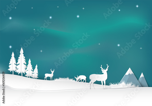 Deer with aurora background. Christmas season paper art style illustration.