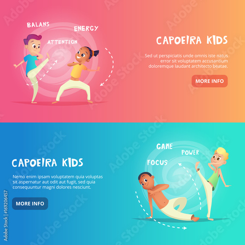Capoeira kids banner for web design. Children are engaged in training capoeira movement. Cartoon concept vector charecters.