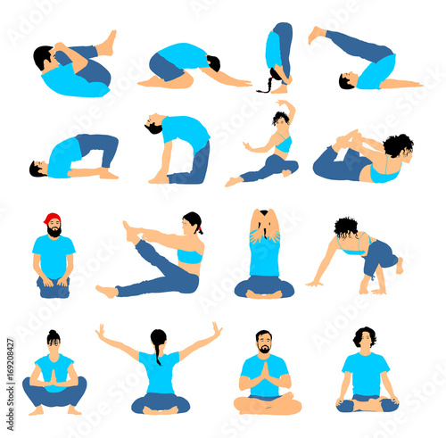 Several yoga poses vector silhouette illustration isolated on white background. Young woman and man exercises yoga. Zen, mantra, wellness.