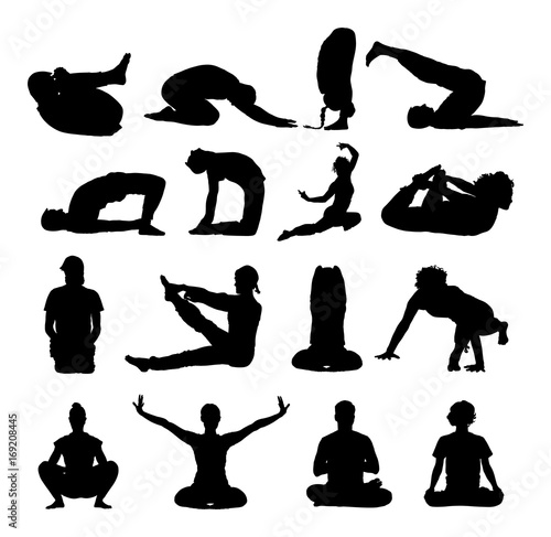 Several yoga poses vector silhouette illustration isolated on white background. Young woman and man exercises yoga. Zen, mantra, wellness.