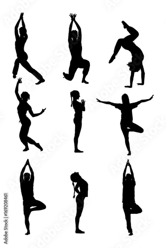 Several yoga poses vector silhouette illustration isolated on white background. Young woman and man exercises yoga. Zen, mantra, wellness.
