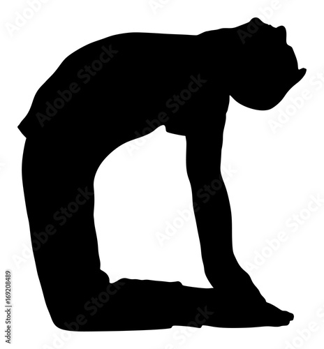 Camel yoga pose vector silhouette illustration isolated on white background. 
Man exercises yoga. Zen, mantra, wellness. Ustrasana pose. Gymnastic bridge figure on the floor.