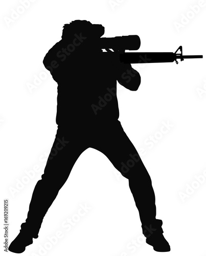 Silhouette of a sniper vector silhouette illustration. Soldier with rifle with optic. Paintball player. Recreation with adrenaline in urban environment.