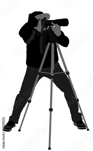 Landscape photographer with tripod vector silhouette. Paparazzi shooting on the event, silhouette illustration isolated on white background. Photo reporter od duty.