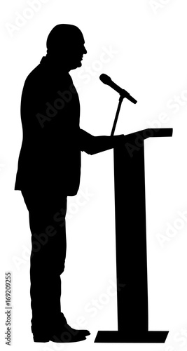 Public speaker standing on podium vector silhouette illustration isolated on white background. Politician man opening meeting ceremony event. Businessman on podium speaking with public.
