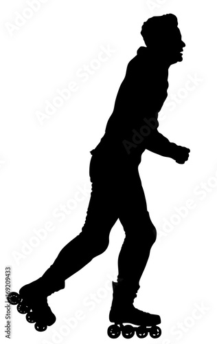 Roller skating man in park rollerblading vector silhouette isolated on white background. In-line skating. Skater boy riding wheels.