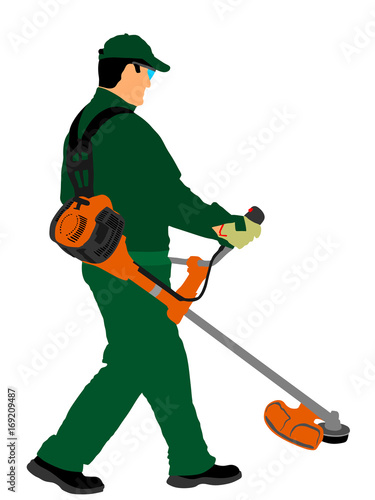 Grass trimmer worker vector illustration. Garden work. Grass Cutting Lawn Trimmer. Gardener working. Landscaper. laborer in park.