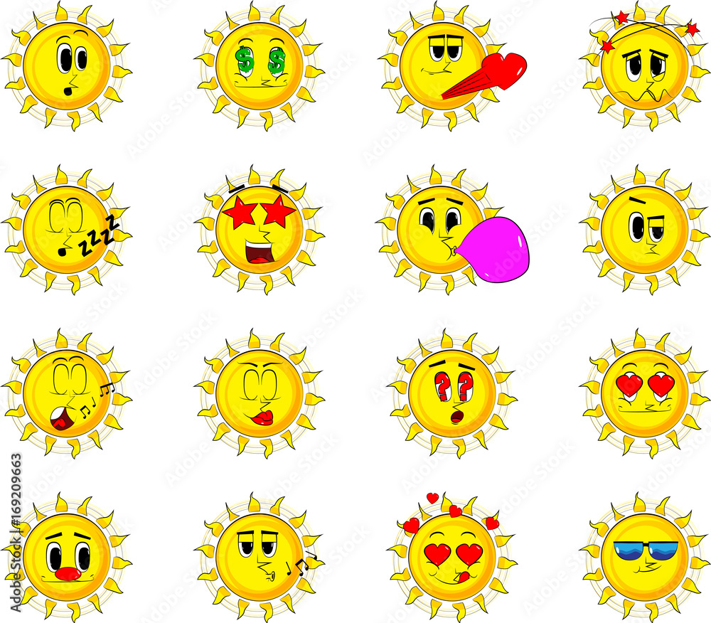 Cartoon sun collection with various facial expressions. Vector set.