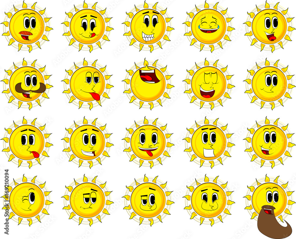 Cartoon sun collection with happy faces. Expressions vector set.