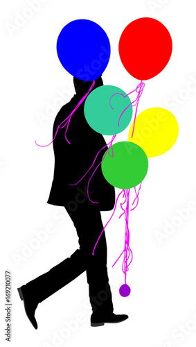 Groom in suit with balloons vector silhouette illustration, portrait of a man on wedding day Groomsman on a ceremony Bridegroom walking. Elegant youngsters.