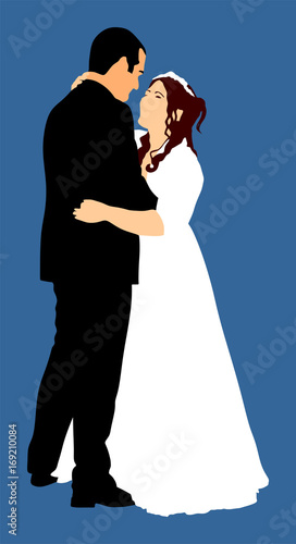 Groom and bride wedding day  in dress and suit vector illustration. Young wedding couple.