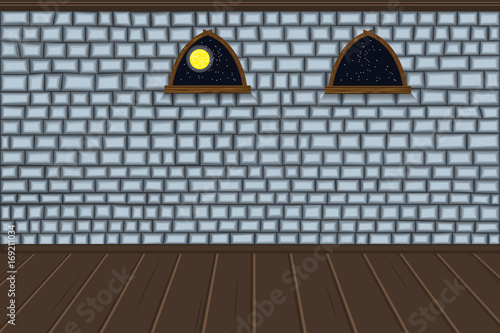 Empty room. Wall of brick, Windows, floor. The dungeon of the castle. Halloween. Cartoon. Vector.
