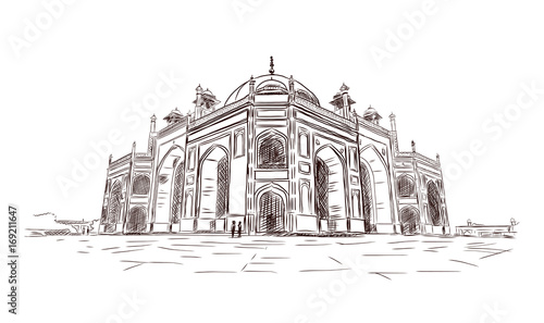 Obraz na płótnie Hand drawn sketch of Humayun's Tomb at New Delhi in vector illustration. Historical place in New Delhi, India. w salonie
