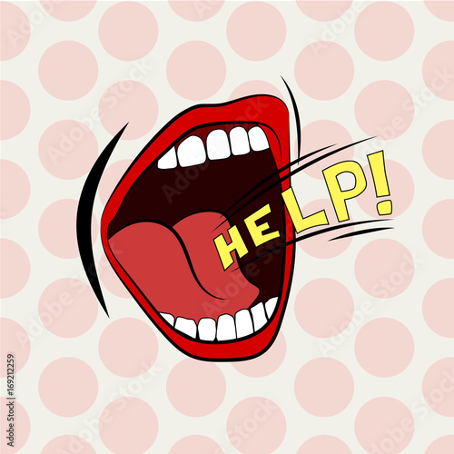 Cartoon mouth loud help. Stylish colored design. Scream, shout, cry.