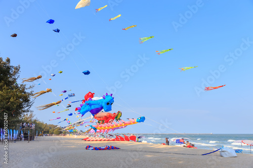 International Kite Festival on the beach with colorful kites