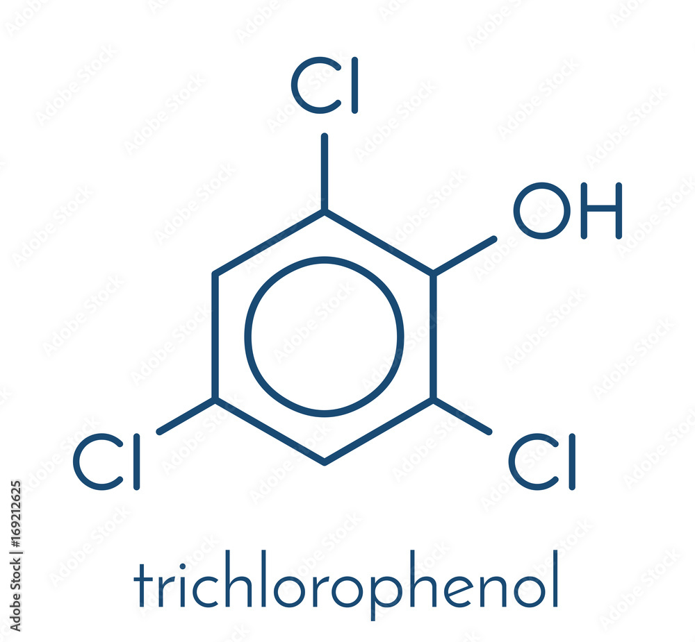 Trichlorophenol (TCP, 2,4,6-trichlorophenol) molecule. Skeletal formula. Trichlorophenol (TCP, 2,4,6-trichlorophenol) molecule. Skeletal formula.