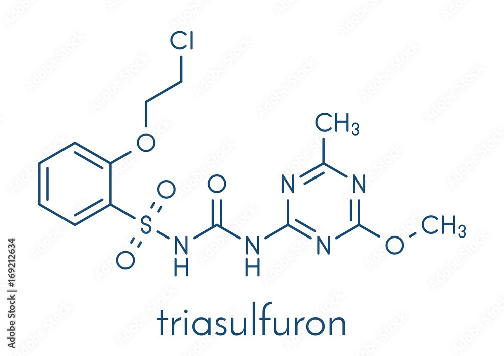 Triasulfuron herbicide molecule. Skeletal formula. Triasulfuron herbicide molecule. Skeletal formula.