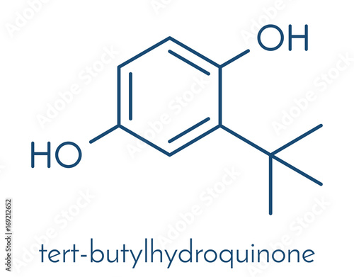 TBHQ (tert-Butylhydroquinone) antioxidant preservative molecule. Skeletal formula.