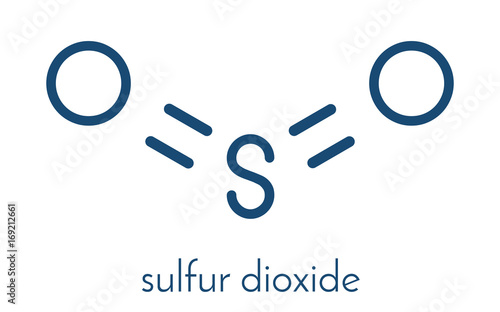 Sulfur dioxide food preservative molecule (E220). Also used in winemaking and responsible for sulfites in wine. Skeletal formula.