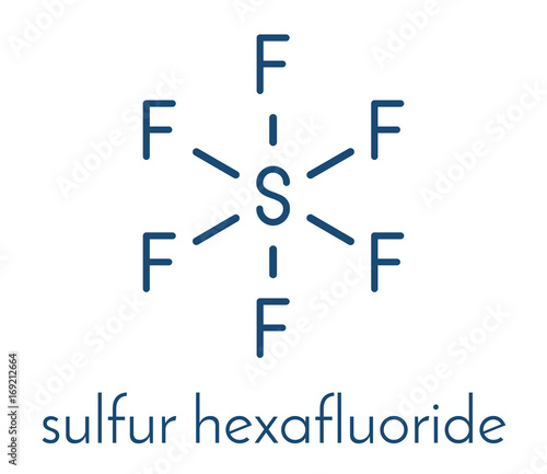 sulfur hexafluoride gas insulator molecule. Microbubbles are used as contrast agent for ultrasound imaging. Potent greenhouse gas. Skeletal formula.