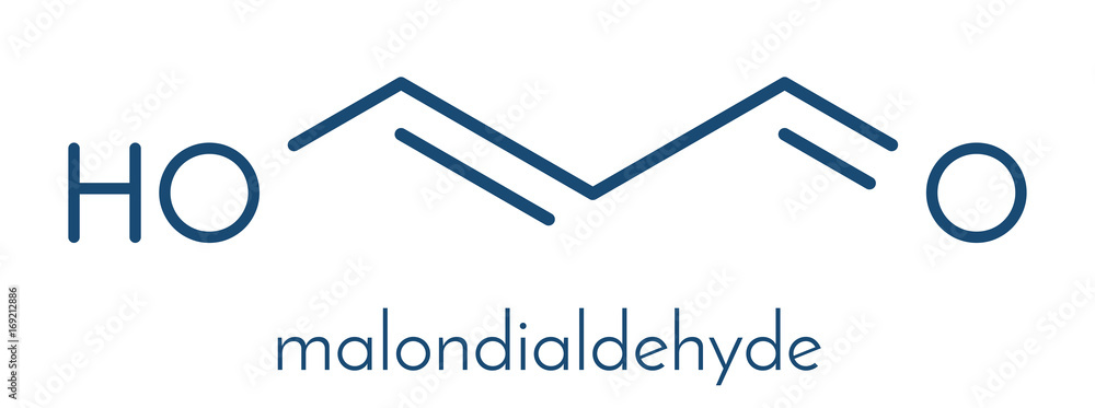 Malondialdehyde (MDA, enol form) molecule. Marker of oxidative stress ...