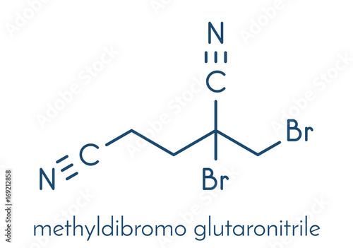 Methyldibromo glutaronitrile preservative molecule. Common allergen causing allergic contact dermatitis. Skeletal formula.