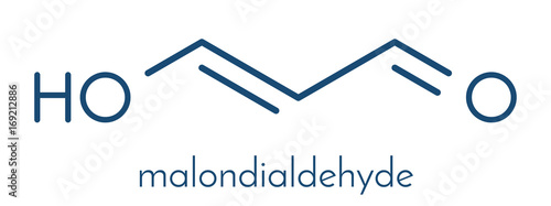 Malondialdehyde (MDA, enol form) molecule. Marker of oxidative stress and naturally produced during the lipid peroxidation of polyunsaturated fatty acids. Skeletal formula.