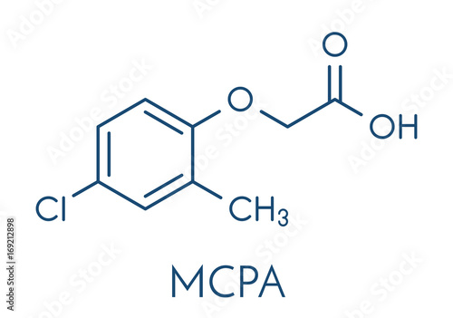 MCPA (2-methyl-4-chlorophenoxyacetic acid) herbicide molecule. Skeletal formula.