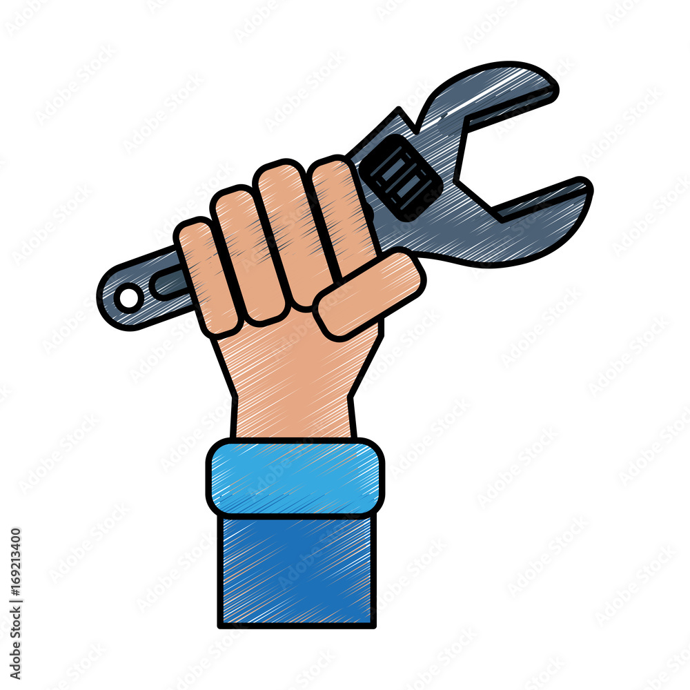 Colorful hand with wrench doodle over white background vector illustration
