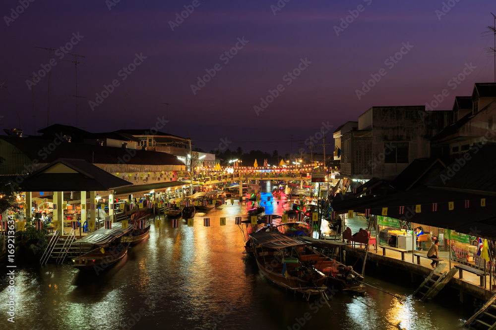 Amphawa market at twilight, famous floating market and tourist destination in Samut Songkhram province