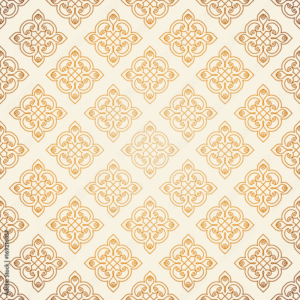 Vector seamless pattern with line art ornament and golden gradient . Retro background for design in vintage style. Ornamental lace. Ornate floral decor for wallpaper. Endless texture. Vector seamless pattern with line art ornament and golden gradient . Retro background for design in vintage style. Ornamental lace. Ornate floral decor for wallpaper. Endless texture.