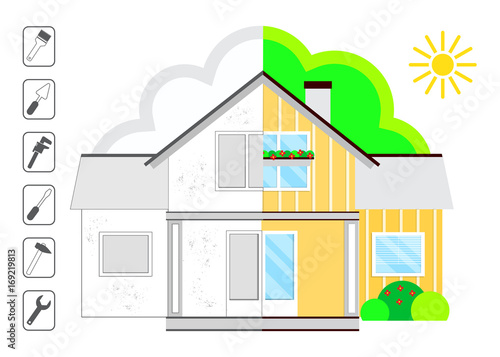 Image of the house before repair and after repair. Set of tools for repair. Stock vector. Flat design.