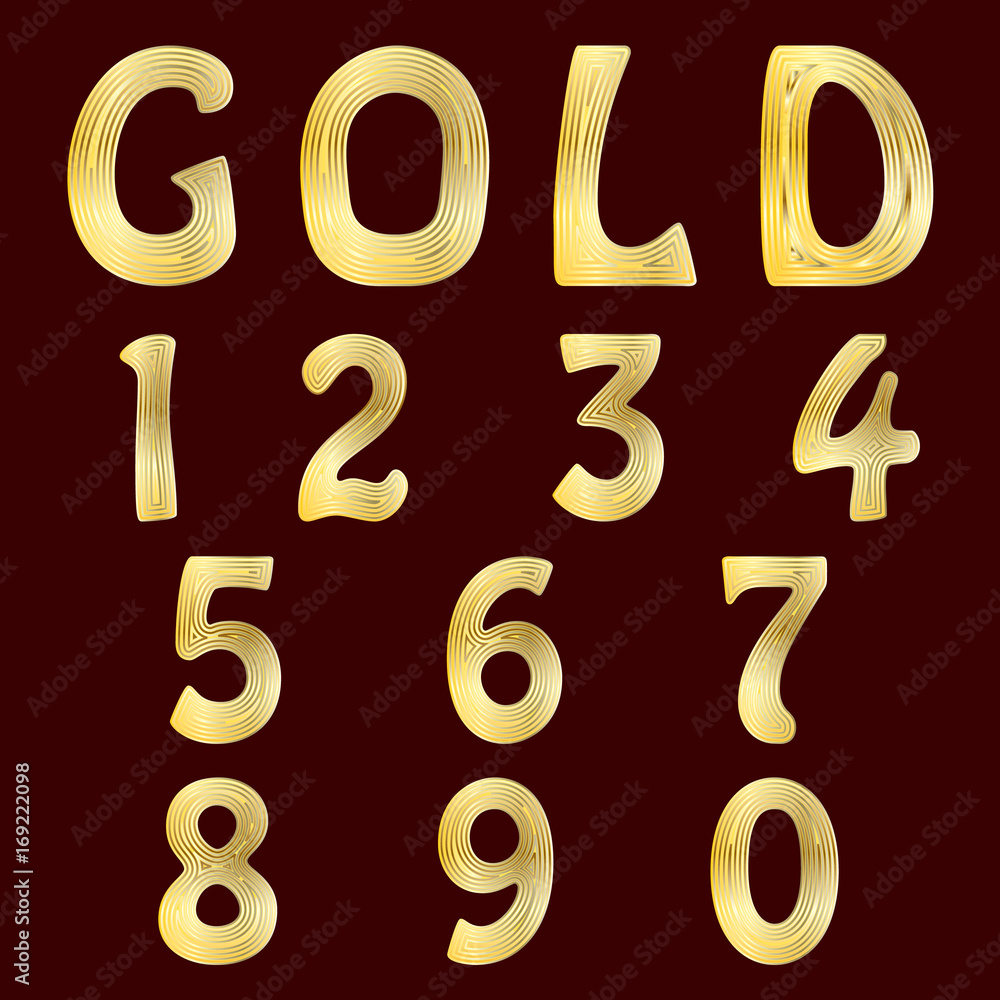 A complete set of numbers with gold striped surface. Font is isolated by a velvety dark crimson background. Vector illustration. A complete set of numbers with gold striped surface. Font is isolated by a velvety dark crimson background. Vector illustration.