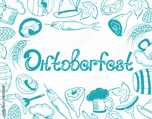 Oktoberfest German beer party. Poster with national traditional food and items in the doodle style. Hand drawn lettering