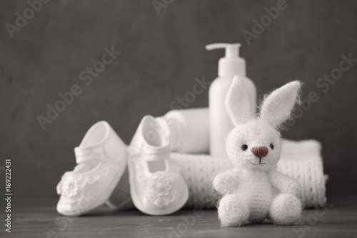Cute knitted toy bunny and ...