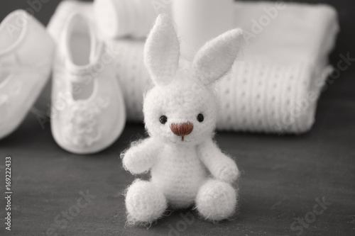 Cute knitted toy bunny and ...