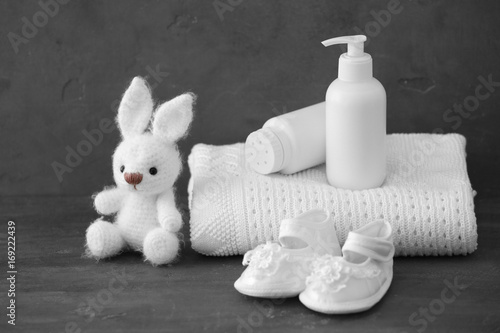 Cute knitted toy bunny and ...