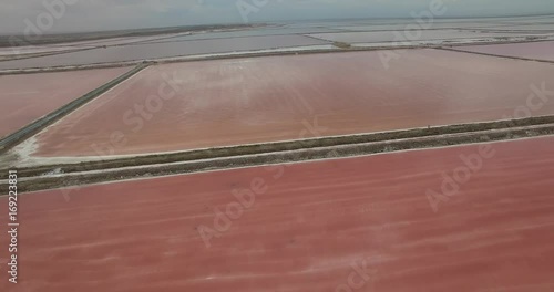 4K aerial view drone made video with bird's view of Walvis Bay salt works, Walvis Bay area near harbour and plains at the Atlantic west coast of Namibia in southern Africa photo