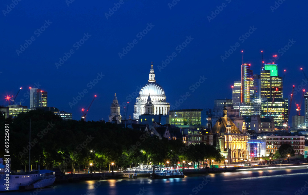 The view of the dome of Saint Paul's Cathedral at night, City of London.