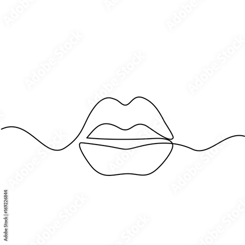 Continuous line drawing. Beautiful Woman lips logo. Black and white isolated outline vector illustration. Concept for logo, card, banner, poster, flyer