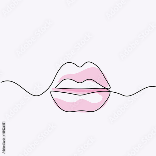 Continuous line drawing. Beautiful Woman lips logo. Soft colors isolated outline vector illustration. Concept for logo, card, banner, poster, flyer